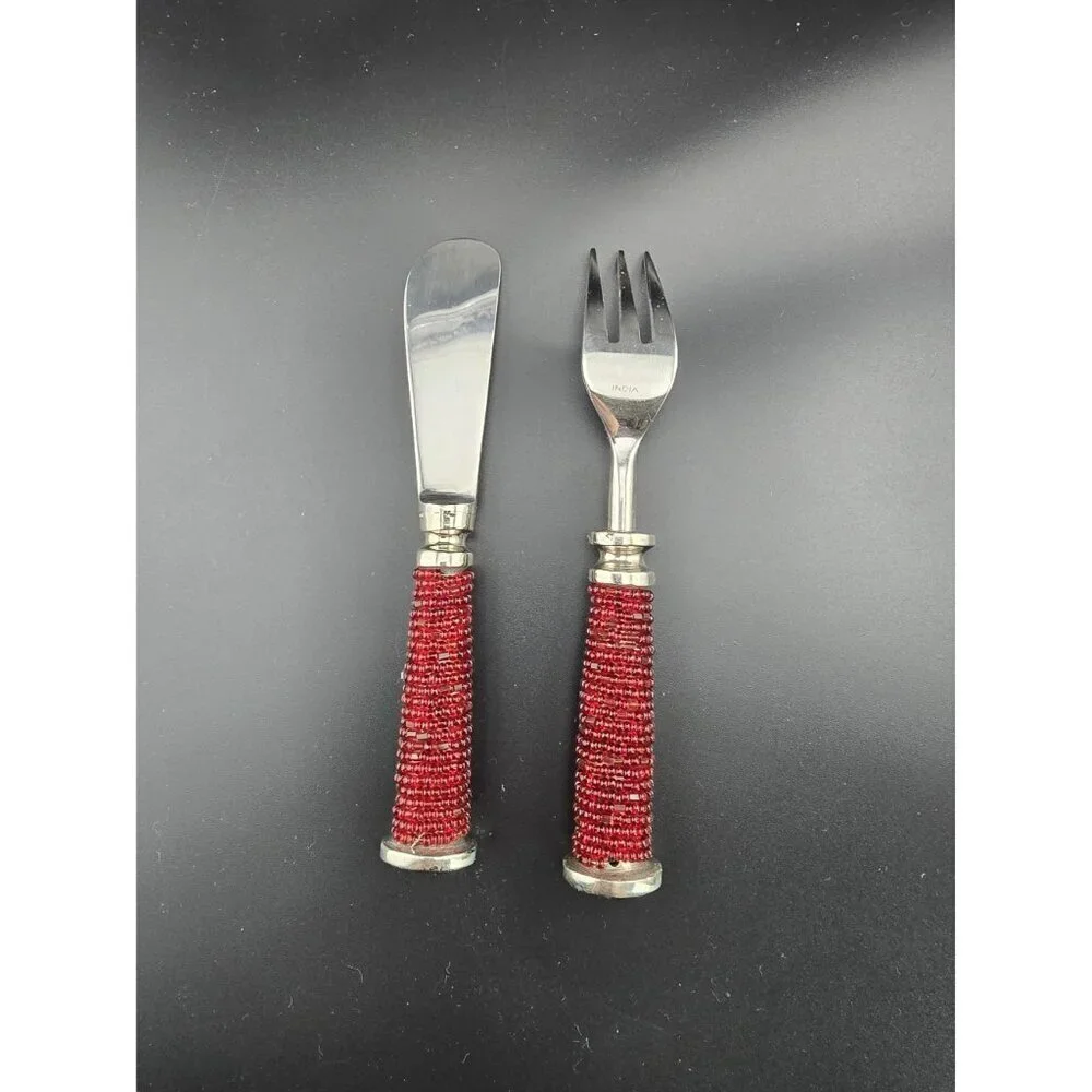Vintage Pottery Barn Red Beaded Spreader and Fork